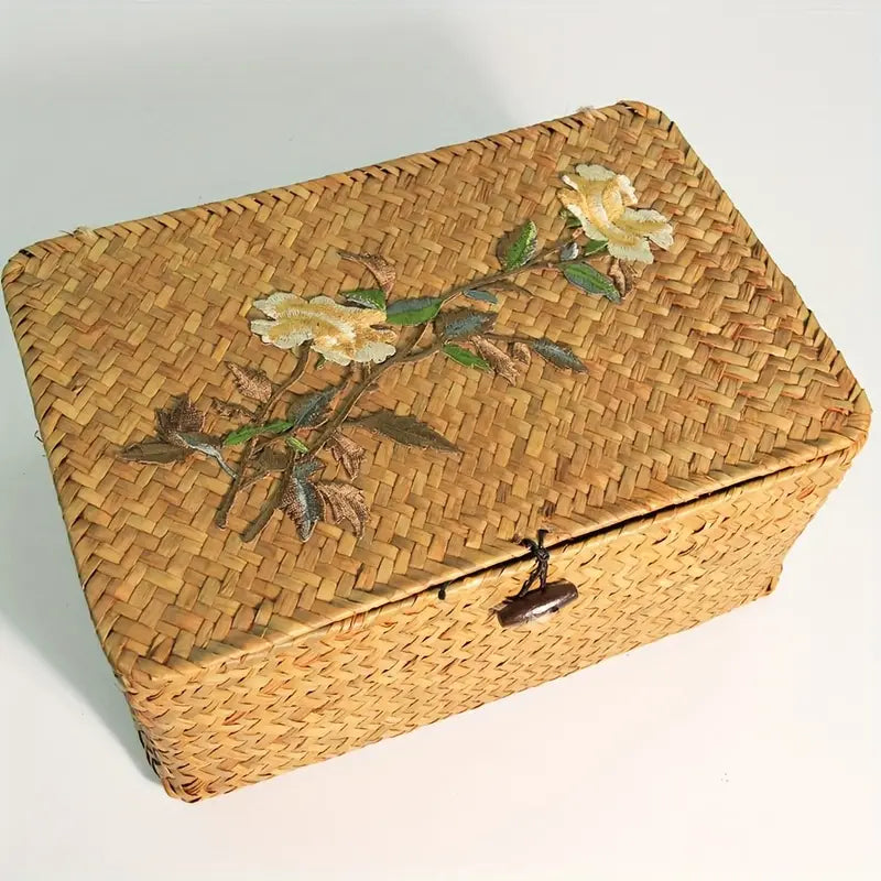 Hand-Woven Floral Rattan Storage Box with Lid – Natural Basket Organizer, Boho Cottage Home Décor