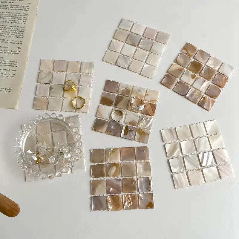 Mother-of-Pearl Mosaic Coaster Set – 3.3" Iridescent Shell Drink Coasters or Jewelry Display Tiles