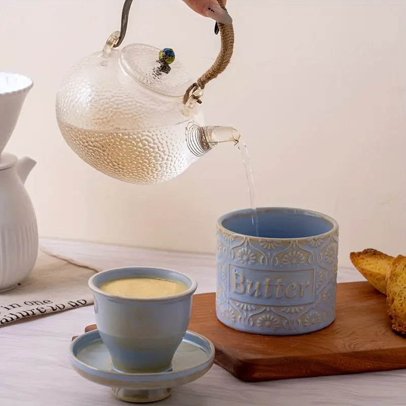 Vintage Embossed Ceramic Butter Keeper – French Country Blue Butter Dish with Lid
