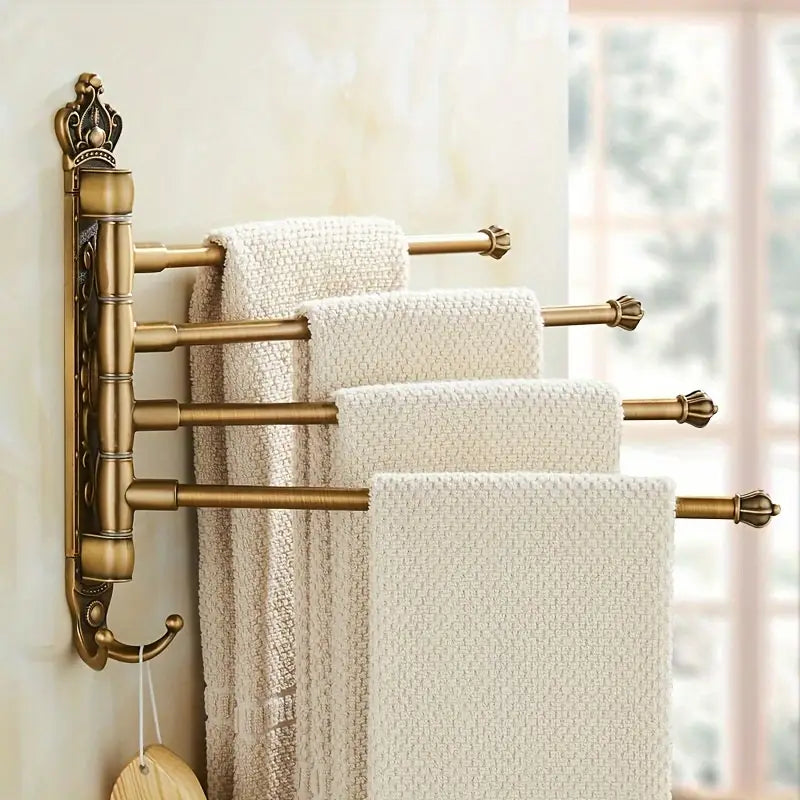 Antique Gold Swivel Towel Rack – 4 Arm Rotating Bathroom Towel Holder with Hooks