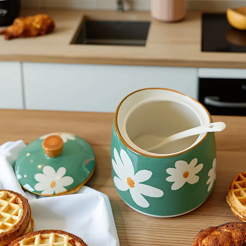 Hand-Painted Daisy Ceramic Sugar Bowl with Lid & Spoon – Cottagecore Kitchen Décor