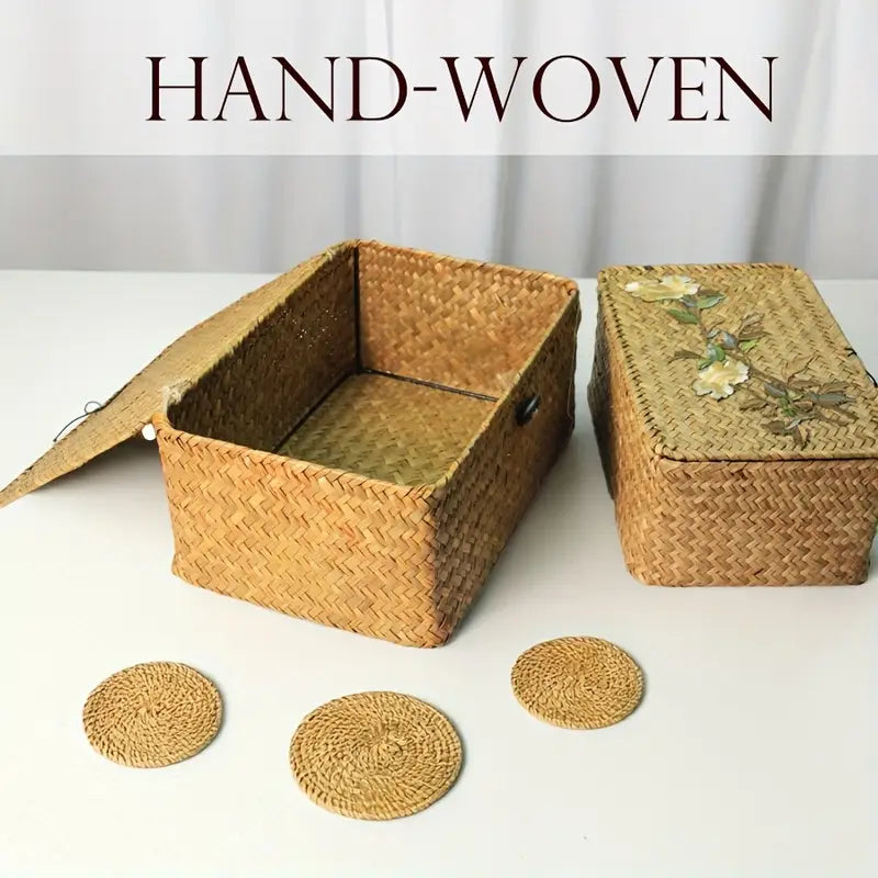 Hand-Woven Floral Rattan Storage Box with Lid – Natural Basket Organizer, Boho Cottage Home Décor