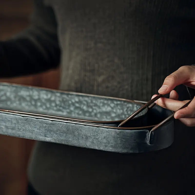 Rustic Oval Metal Tray Set with Handles – Galvanized Farmhouse Serving Trays, Decorative Organizer for Kitchen, Coffee Table, or Entryway
