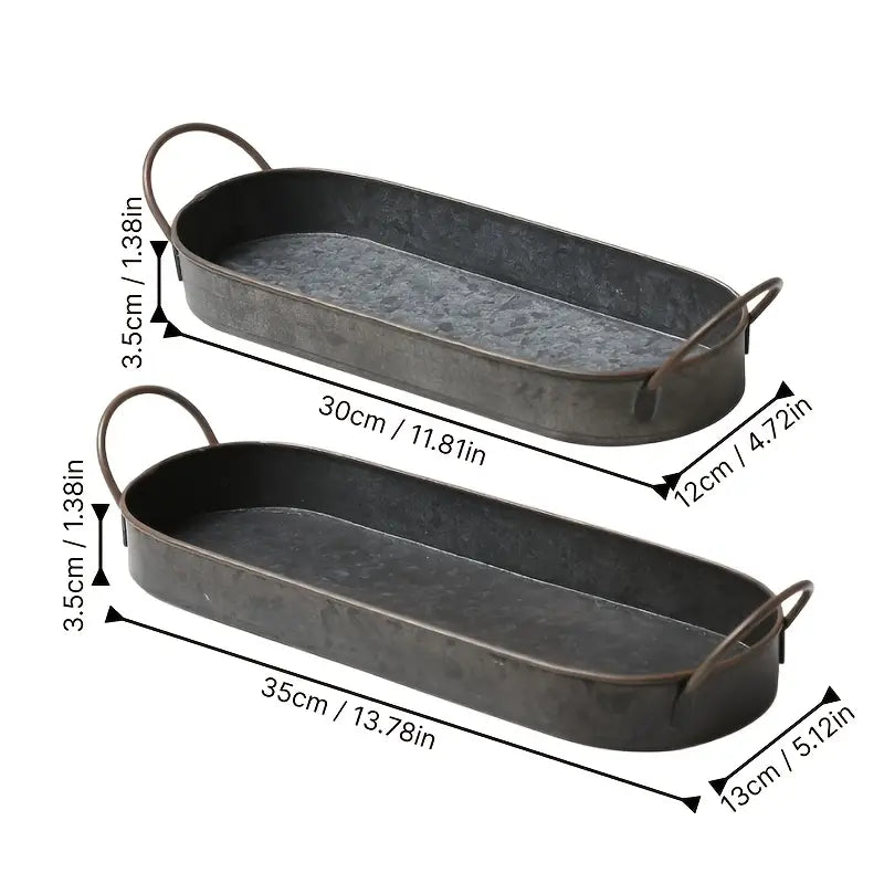 Rustic Oval Metal Tray Set with Handles – Galvanized Farmhouse Serving Trays, Decorative Organizer for Kitchen, Coffee Table, or Entryway