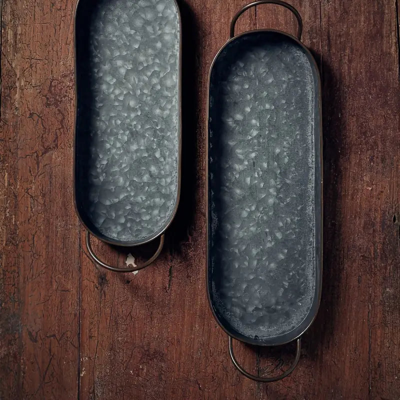 Rustic Oval Metal Tray Set with Handles – Galvanized Farmhouse Serving Trays, Decorative Organizer for Kitchen, Coffee Table, or Entryway