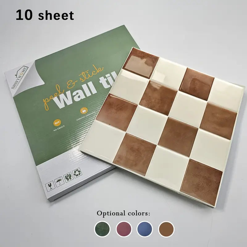 Brown & Cream Checkered Peel and Stick Backsplash Tiles – 10 Pack | Farmhouse Kitchen Wall Décor