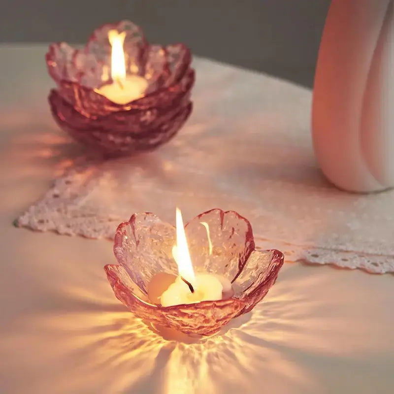 5-Piece Glass Petal Tealight Holders – Pink Flower-Shaped Candle Cups for Romantic Decor