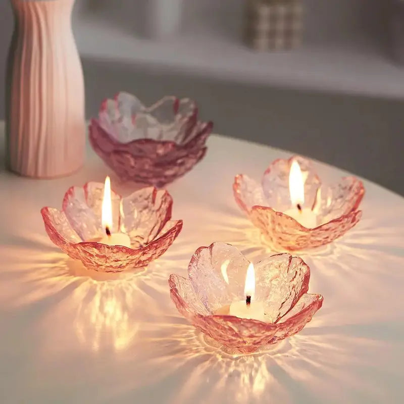 5-Piece Glass Petal Tealight Holders – Pink Flower-Shaped Candle Cups for Romantic Decor
