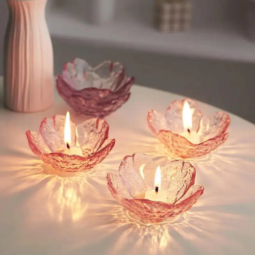 5-Piece Glass Petal Tealight Holders – Pink Flower-Shaped Candle Cups for Romantic Decor