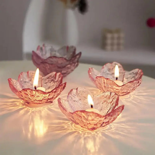 5-Piece Glass Petal Tealight Holders – Pink Flower-Shaped Candle Cups for Romantic Decor