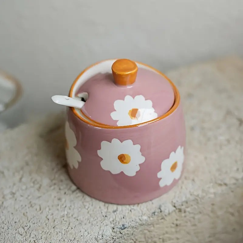 Hand-Painted Daisy Ceramic Sugar Bowl with Lid & Spoon – Cottagecore Kitchen Décor