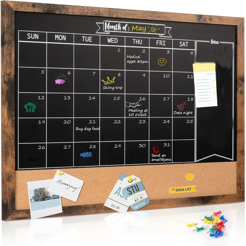 Rustic Chalkboard Wall Calendar with Cork Bulletin Board – Dry Erase Monthly Planner