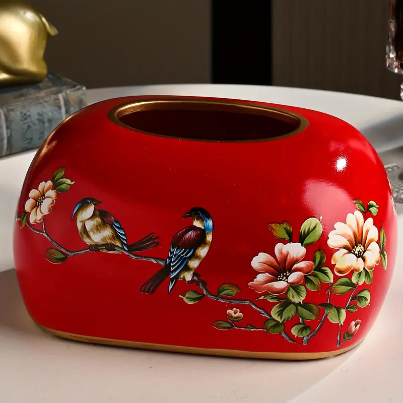 Vintage Floral Tissue Box Cover – Hand-Painted Retro Design, Durable Resin Tissue Holder for Living Room, Bedroom, Bathroom & Office