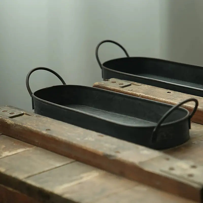 Rustic Oval Metal Tray Set with Handles – Galvanized Farmhouse Serving Trays, Decorative Organizer for Kitchen, Coffee Table, or Entryway