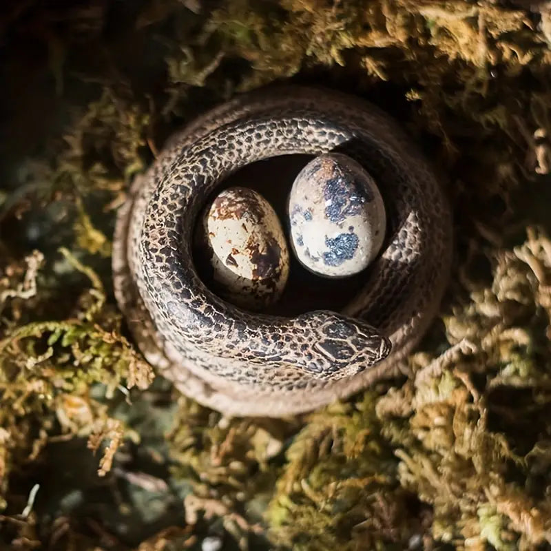 Snake coiled around two eggs on a mossy surface