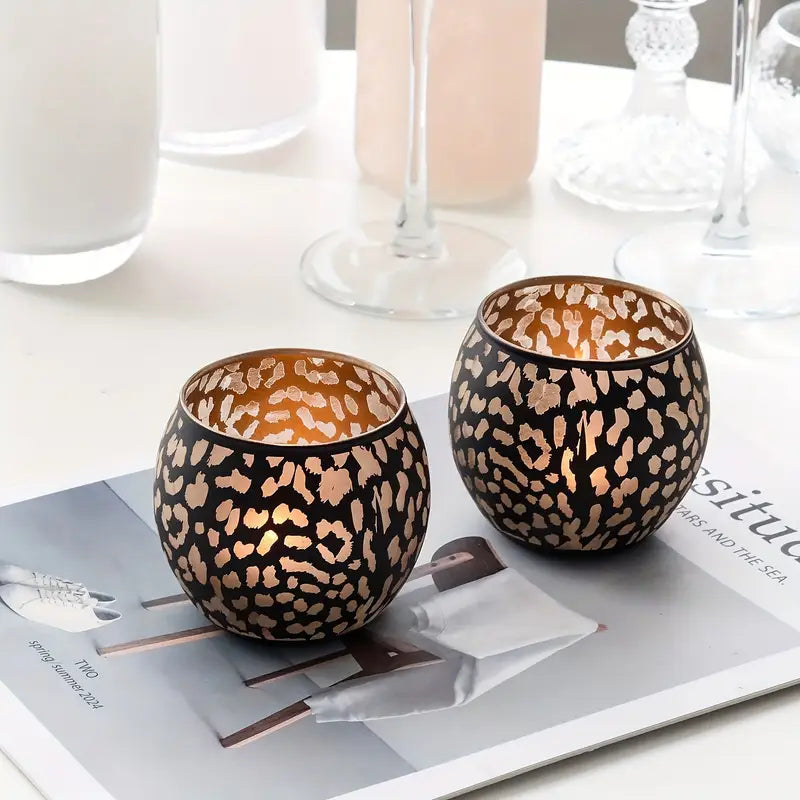 🔥 Leopard Print Glass Candle Holder – Round Black & Gold Tealight Votive Set of 2 | Boho Glam Home Decor