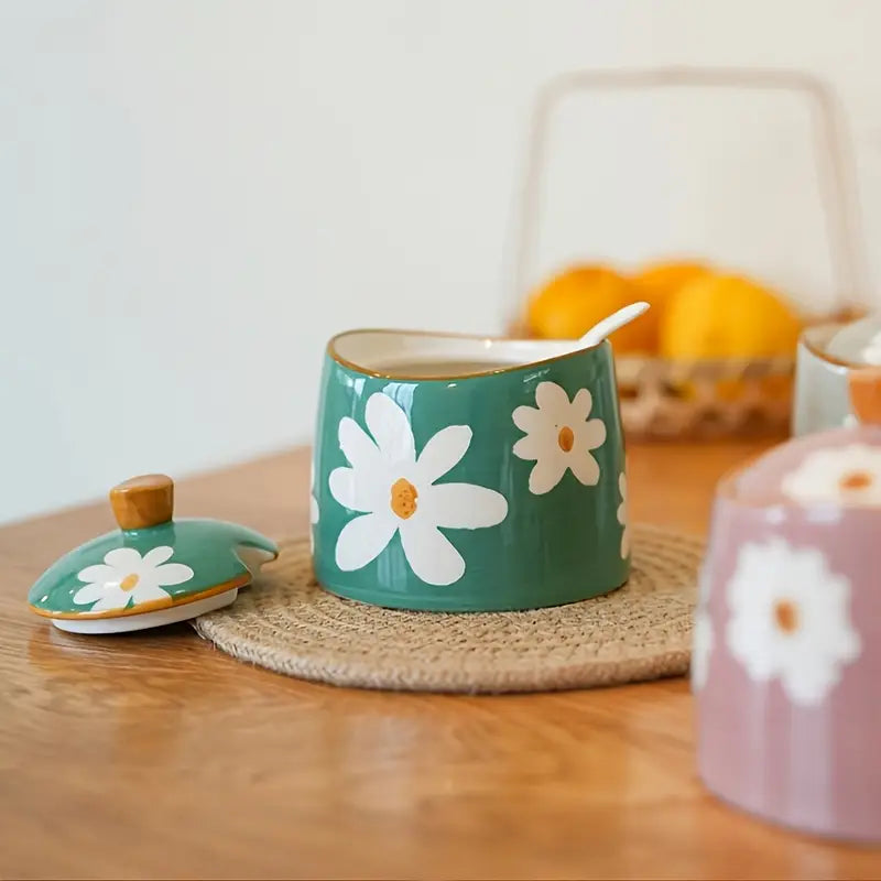 Hand-Painted Daisy Ceramic Sugar Bowl with Lid & Spoon – Cottagecore Kitchen Décor