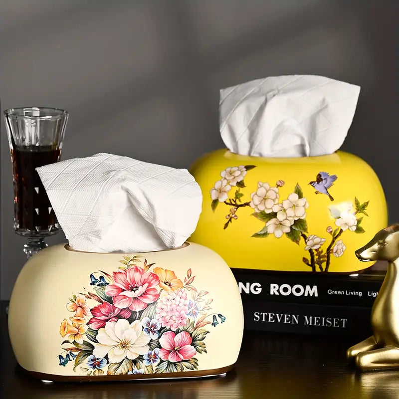 Vintage Floral Tissue Box Cover – Hand-Painted Retro Design, Durable Resin Tissue Holder for Living Room, Bedroom, Bathroom & Office