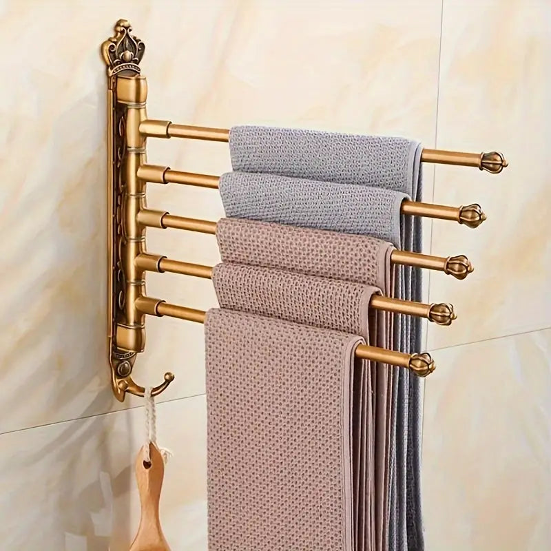 Antique Gold Swivel Towel Rack – 4 Arm Rotating Bathroom Towel Holder with Hooks