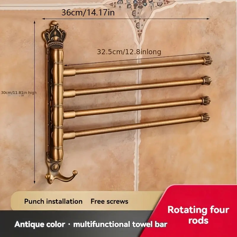 Antique Gold Swivel Towel Rack – 4 Arm Rotating Bathroom Towel Holder with Hooks