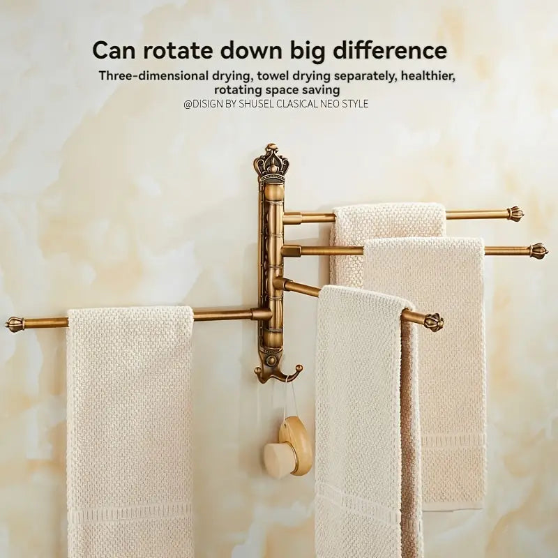 Antique Gold Swivel Towel Rack – 4 Arm Rotating Bathroom Towel Holder with Hooks