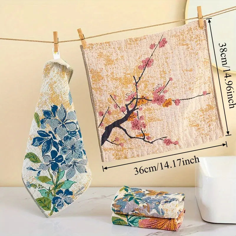 1pc Vintage Floral Bird Hand Towel – 14x14" Soft Absorbent Rustic Gauze Towel for Kitchen, Bathroom, Yoga, Car & Outdoor