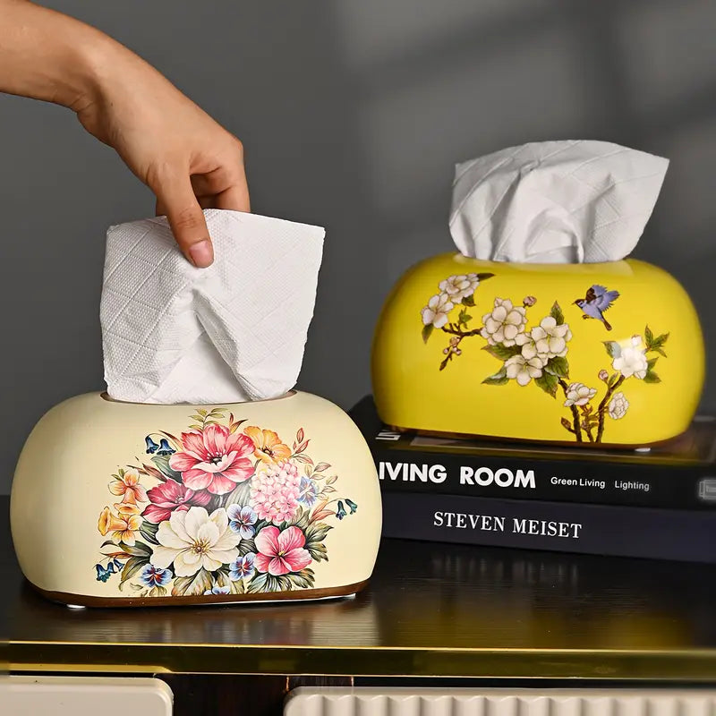 Vintage Floral Tissue Box Cover – Hand-Painted Retro Design, Durable Resin Tissue Holder for Living Room, Bedroom, Bathroom & Office