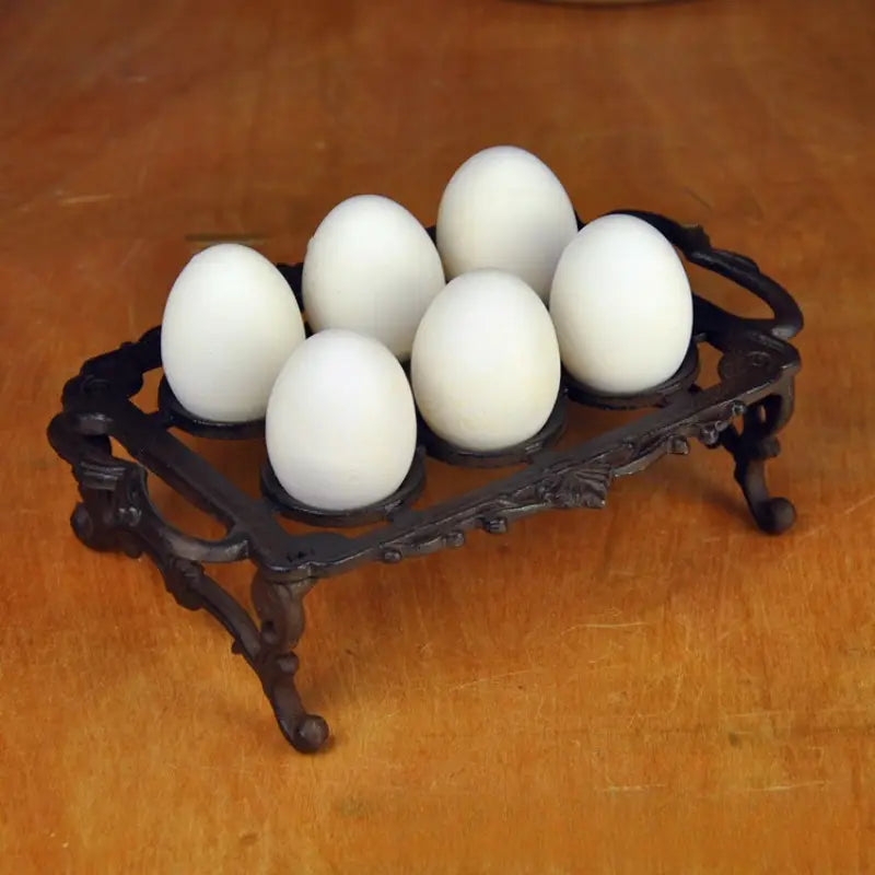 Vintage Cast Iron Egg Holder – 6 Slot Farmhouse Kitchen Countertop Egg Storage Rack, Rustic Wrought Iron Egg Tray Stand, French Country Decor