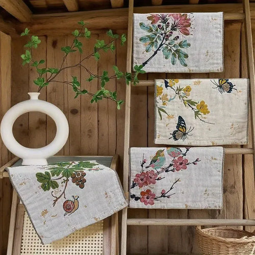 1pc Vintage Floral Bird Hand Towel – 14x14" Soft Absorbent Rustic Gauze Towel for Kitchen, Bathroom, Yoga, Car & Outdoor