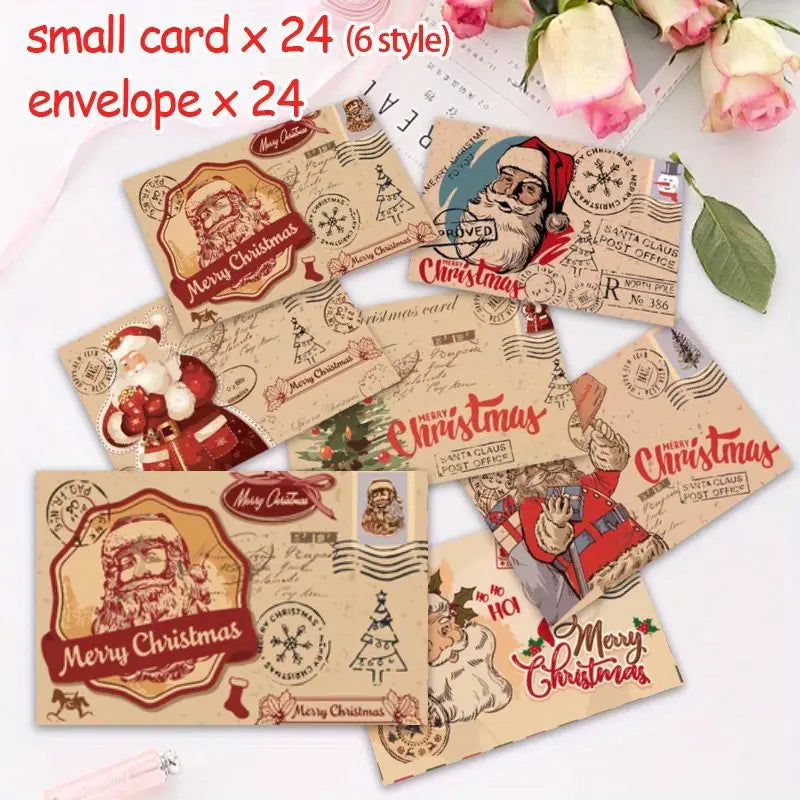 🎄 Vintage Christmas Greeting Cards with Envelopes – 24 Pack (6 Santa & Holiday Styles)