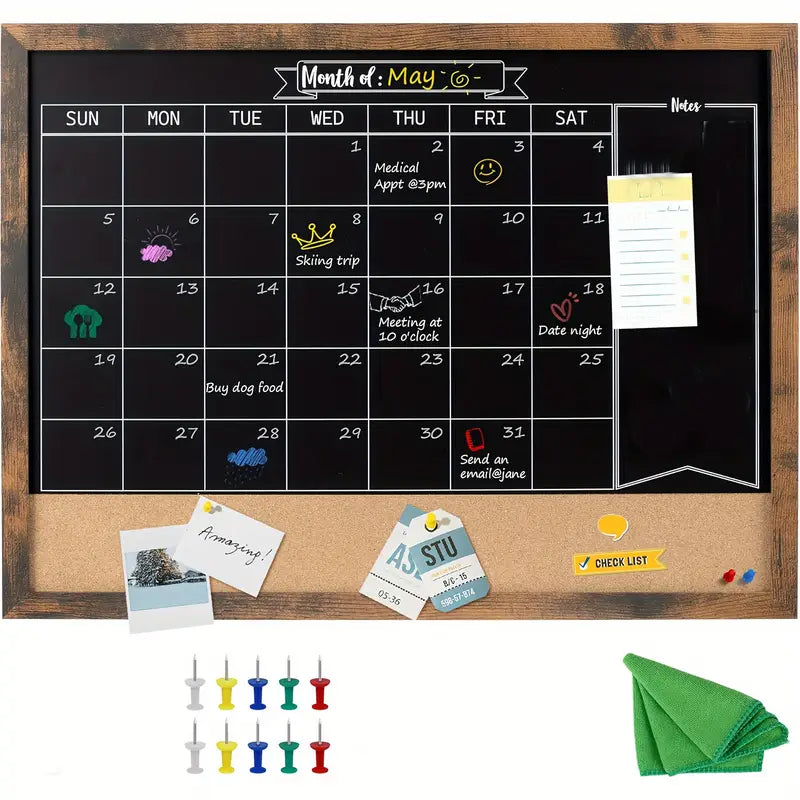 Rustic Chalkboard Wall Calendar with Cork Bulletin Board – Dry Erase Monthly Planner