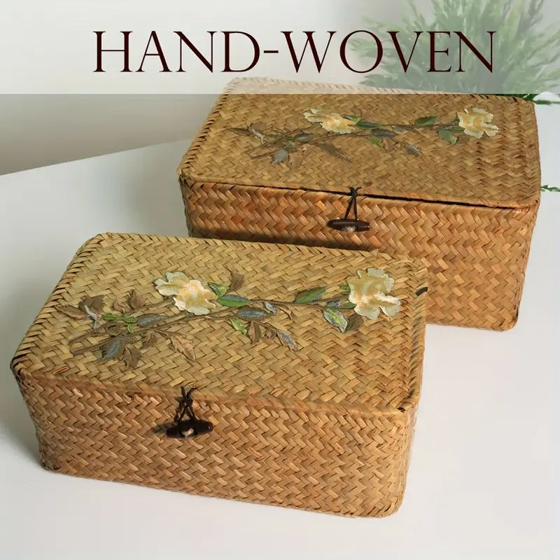 Hand-Woven Floral Rattan Storage Box with Lid – Natural Basket Organizer, Boho Cottage Home Décor