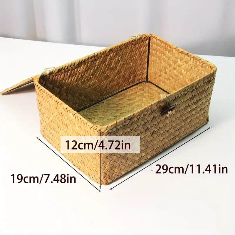 Hand-Woven Floral Rattan Storage Box with Lid – Natural Basket Organizer, Boho Cottage Home Décor