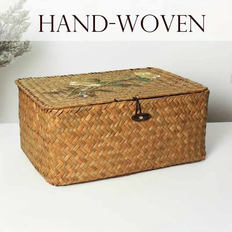 Hand-Woven Floral Rattan Storage Box with Lid – Natural Basket Organizer, Boho Cottage Home Décor