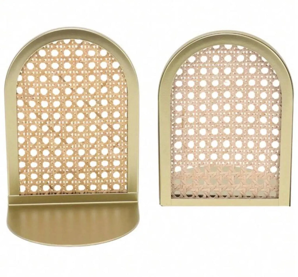 Two beige hand-shaped rattan coasters on a white background