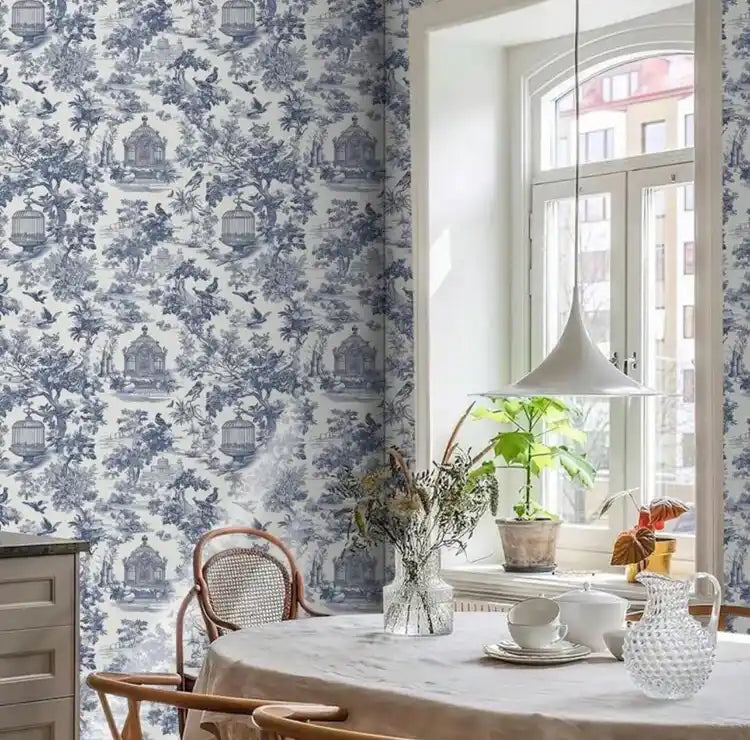 Blue Toile Wallpaper – Vintage Peel and Stick Removable Wall Mural