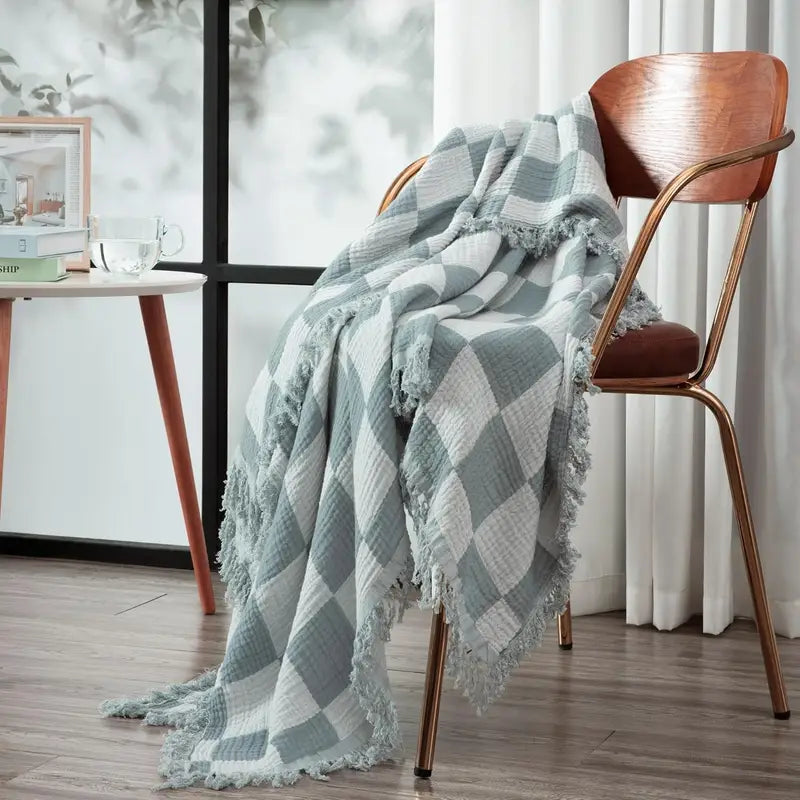Checkered Muslin Lightweight Throw Blanket – Soft Cotton with Fringe in Pink or Gray