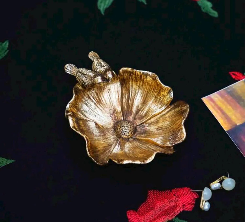Gold Bronze Vintage Style Bird Trinket Dish – Cottagecore Floral Keepsake Bowl