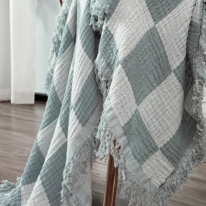Checkered Muslin Lightweight Throw Blanket – Soft Cotton with Fringe in Pink or Gray
