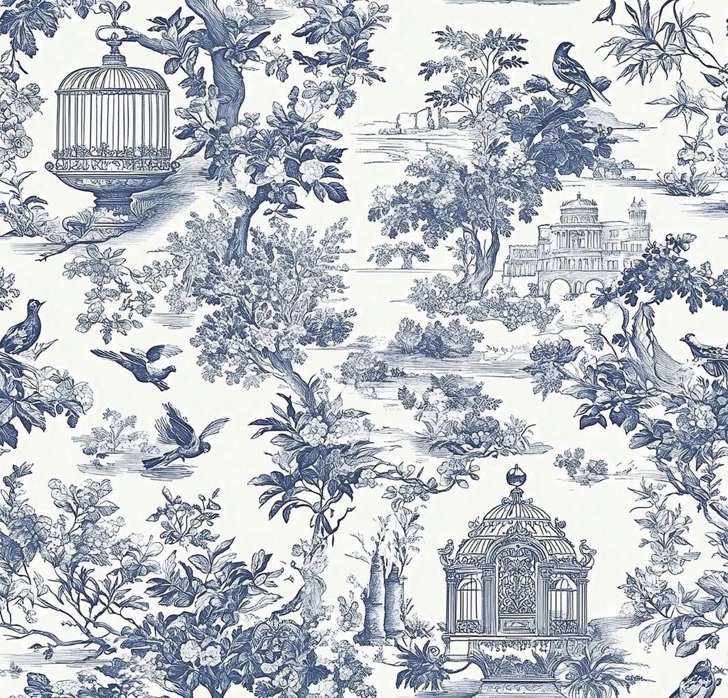 Blue Toile Wallpaper – Vintage Peel and Stick Removable Wall Mural