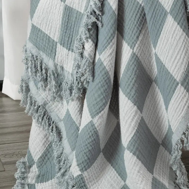 Checkered Muslin Lightweight Throw Blanket – Soft Cotton with Fringe in Pink or Gray