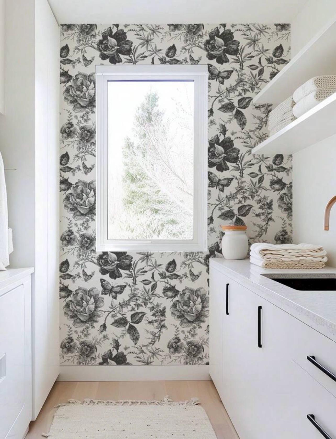 Black Floral Botanical Peel and Stick Wallpaper - Alligator Rose Co