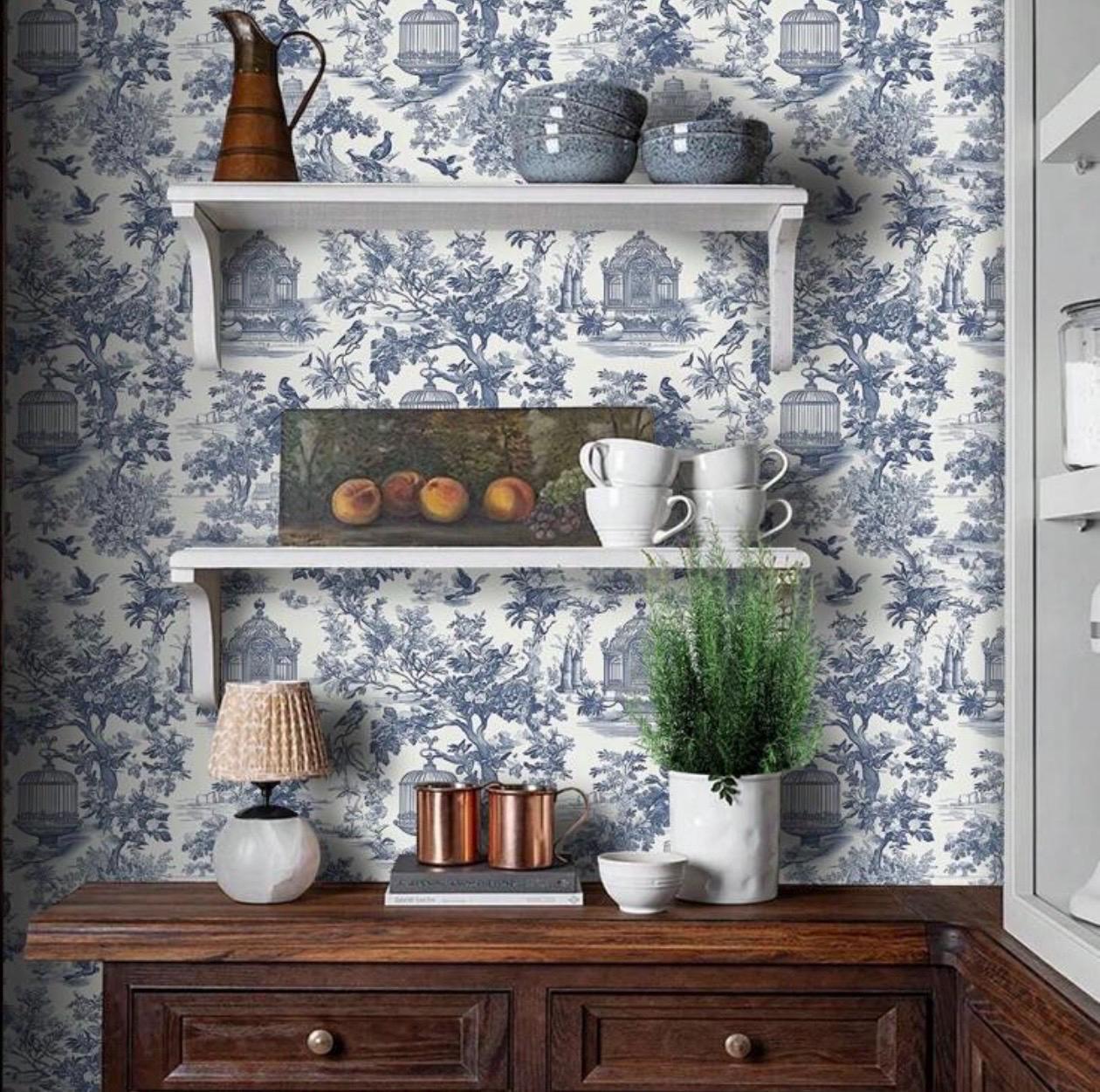 Blue Toile Peel and Stick Wallpaper - Alligator Rose Co