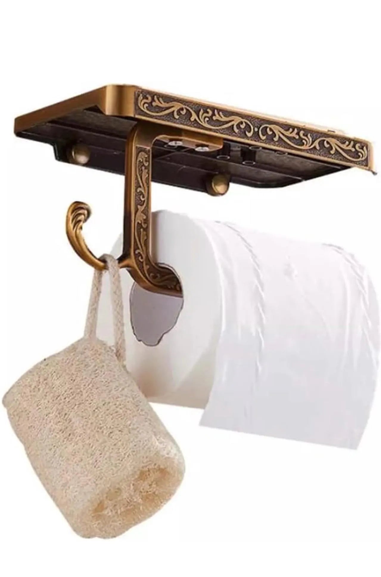 Toilet Paper Holder with Shelf & Hook – Vintage Brass - Alligator Rose Co