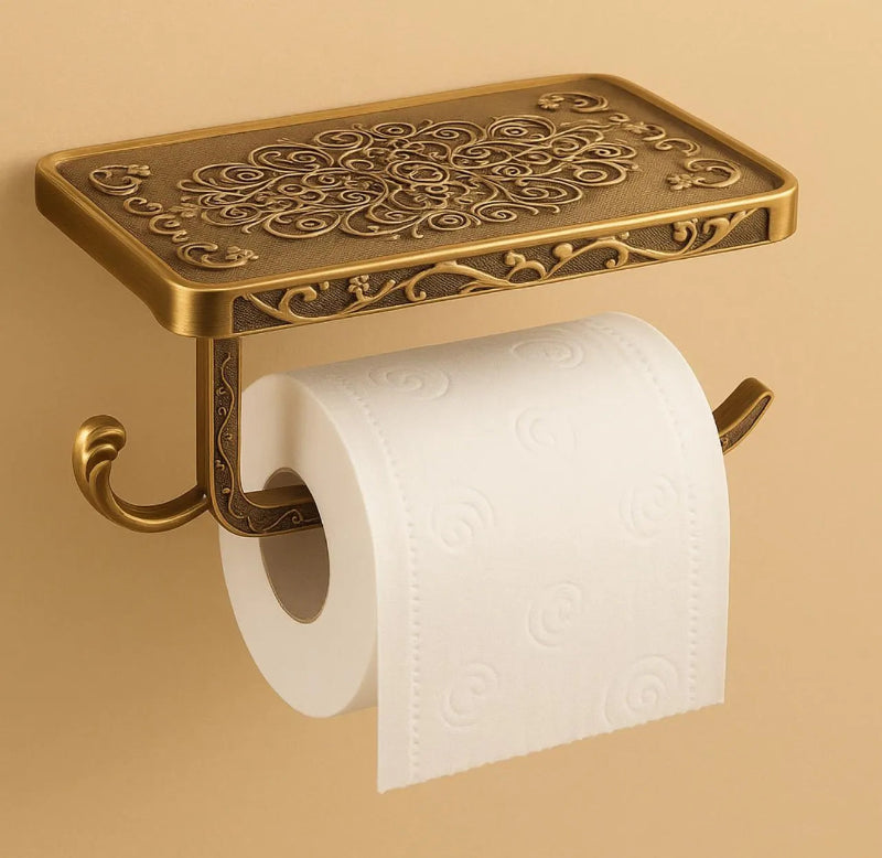 Toilet Paper Holder with Shelf & Hook – Vintage Brass - Alligator Rose Co