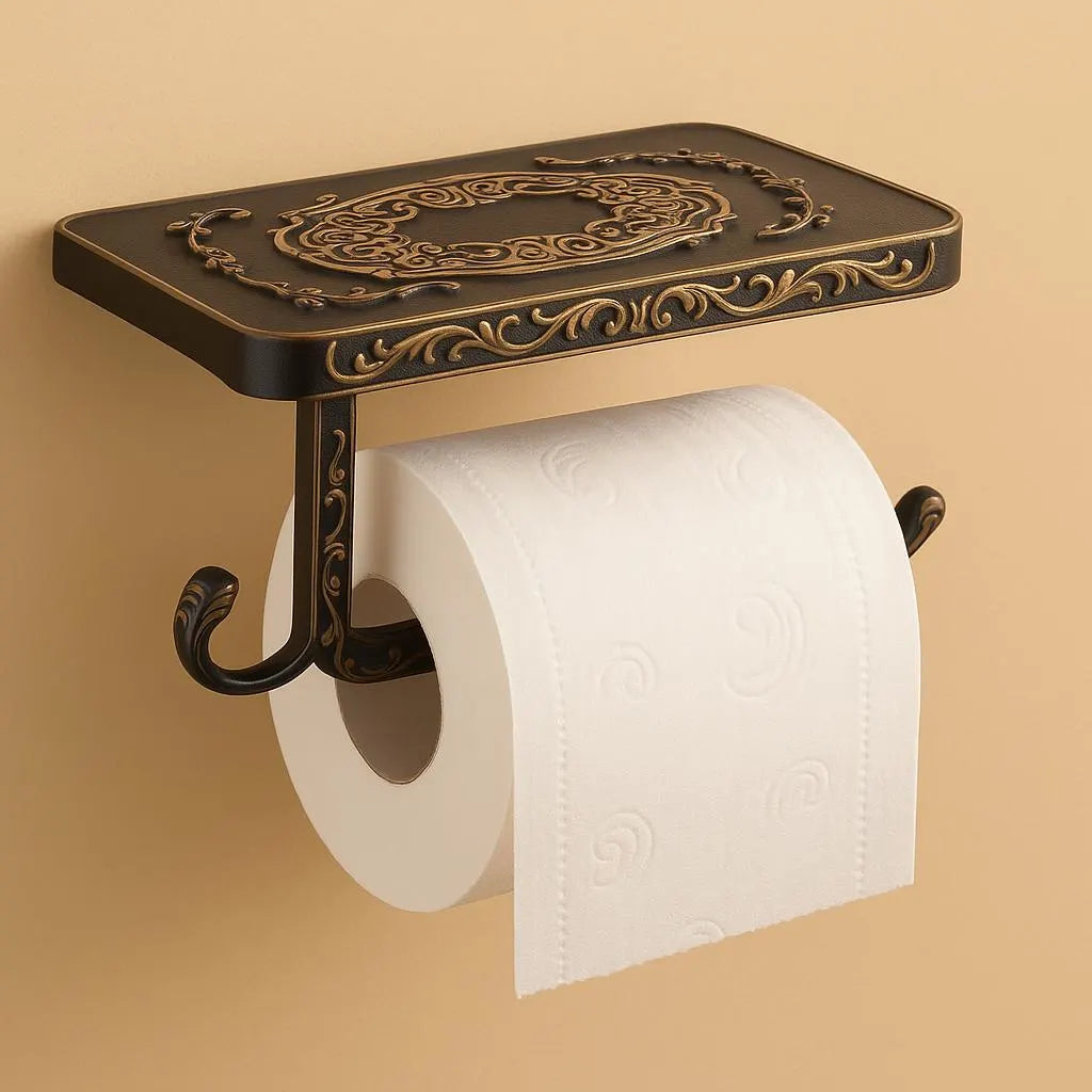 Black Toilet Paper Holder with Shelf – Vintage Wall Mount - Alligator Rose Co
