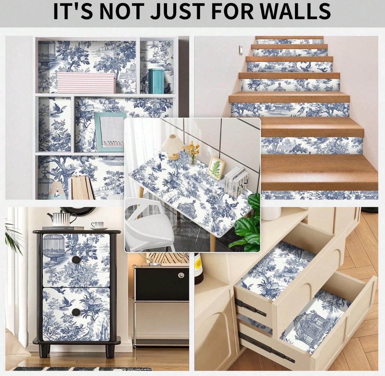 Blue Toile Wallpaper – Vintage Peel and Stick Removable Wall Mural