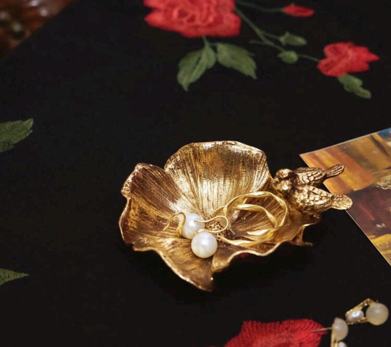 Gold Bronze Vintage Style Bird Trinket Dish – Cottagecore Floral Keepsake Bowl
